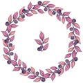 Vector floral wreath; round blueberry frame with purple leaves. Royalty Free Stock Photo